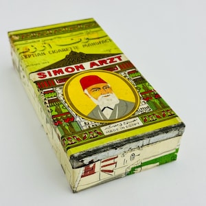 Scatola di sigarette vintage Simon Arzt in latta – Tabacco egiziano antico da collezione – Latta litografata colorata, realizzata in Egitto