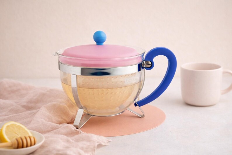 Vintage Bodum Chambord Glass Teapot 1.3L Pink Blue Colorblock 1990s Y2K image 7