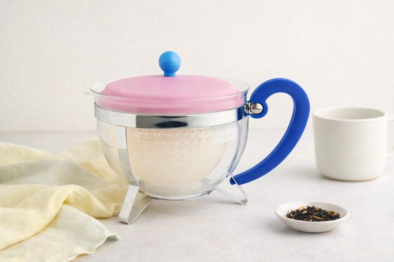 Vintage Bodum Chambord Glass Teapot 1.3L Pink Blue Colorblock 1990s Y2K image 2