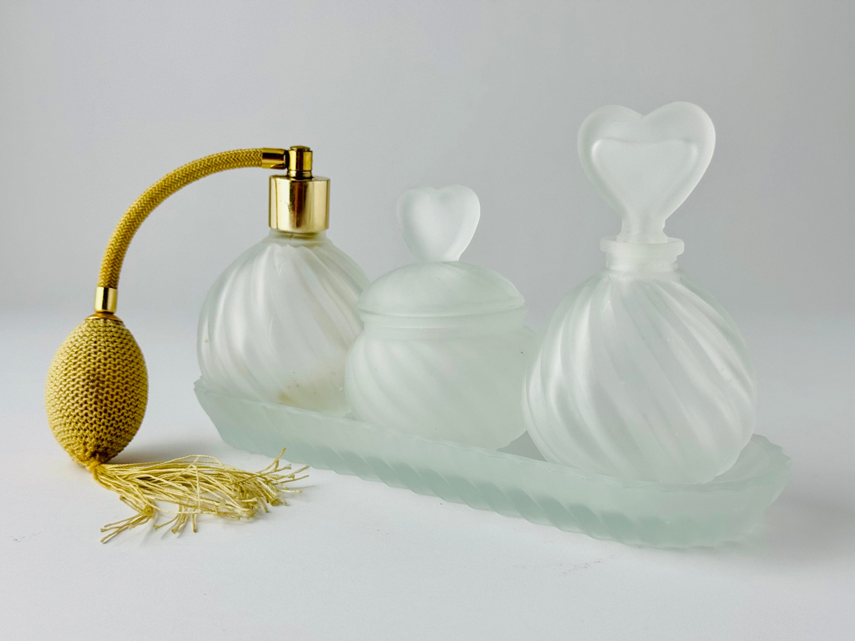 Vintage Frosted Glass Vanity Set - Perfume Bottles with Tray, Swirls & Hearts Design, Romantic Vanity Decor, Powder Jar, Elegant Gift