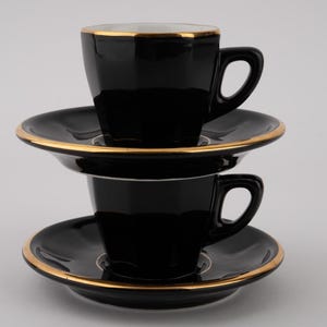 Rare Apilco Black & Gold Espresso Set (4 pcs) – French Porcelain Cups and Saucers with Faceted Design – Elegant Vintage Coffee Set