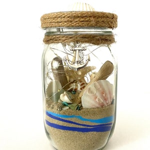 Decorative Sea Shell Jar, coastal home decor, lighted sea shell jar, Beach in a bottle, Tropical decor, patio decoration, beach lighted jar