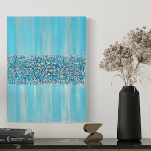 Peinture sur verre concassé turquoise scintillant glam, art bling, art scintillant, peinture abstraite, décoration murale, décoration murale glam