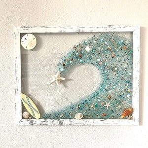 Sea Shell resin art, wave, Beach art, surfboard, flipflops, Surfer wave sea shell framed art, Tropical decor, wave resin art, beach decor