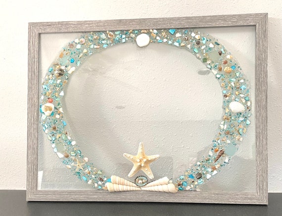 Sea Shell Wreath Art: Framed Beach Decor, Teal & Natural Shells