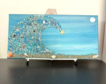 Crushed Glass Ocean Wave Painting: Teal Coastal Wall Decor, beach wave painting, tropical ocean wall decor
