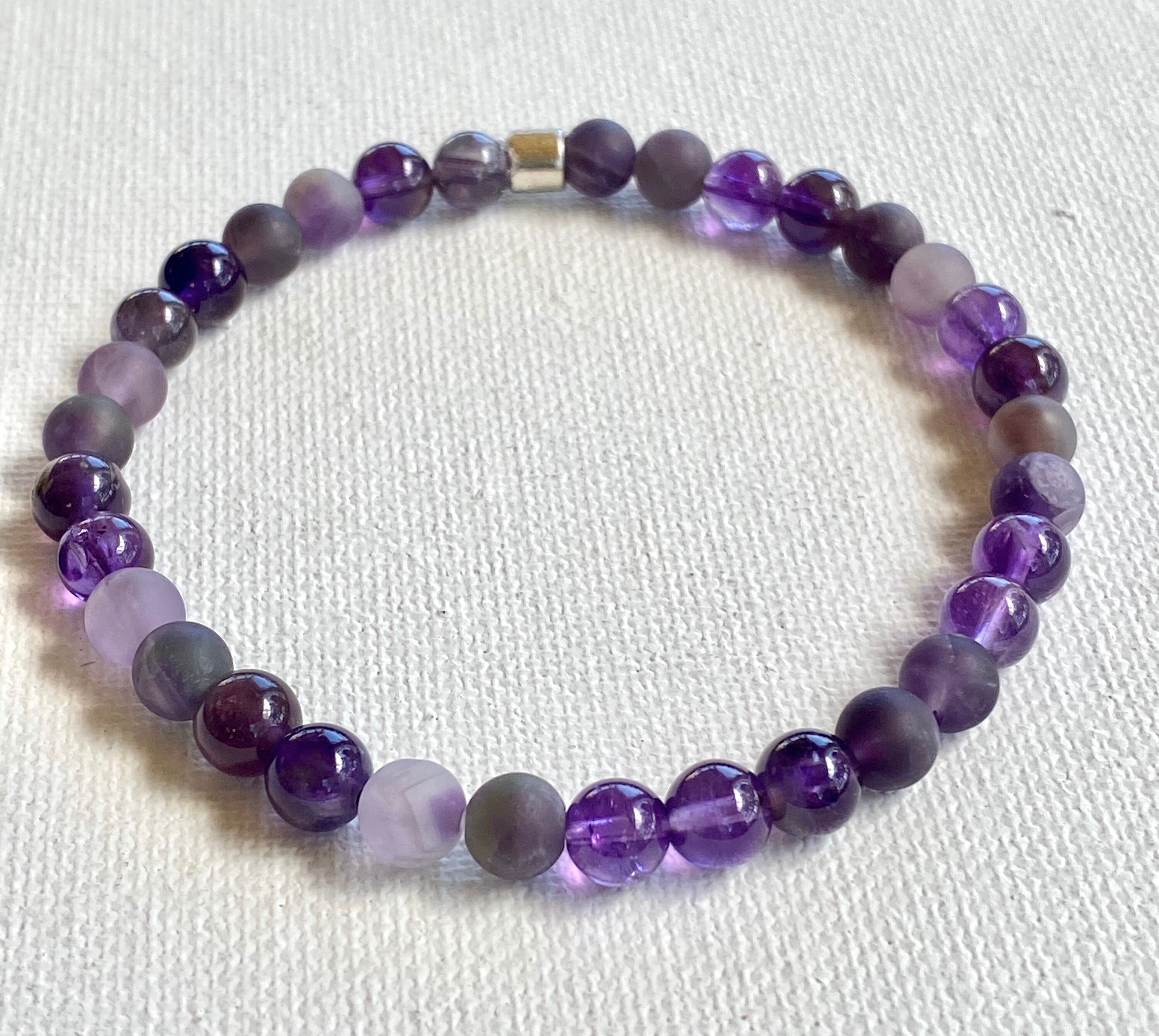 2 Bracciali Elasticizzati Con Ametista Naturale | Perline Di Cristallo Viola | Guarigione E Riduzione Stress | Regalo Benessere