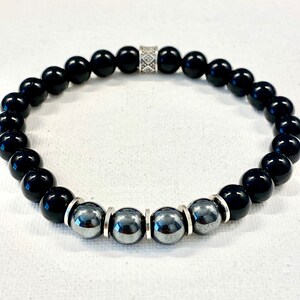 Onyx or Striped Black Agate and Hematite stretch bracelet. Thin Silver line Bracelet, Protective jewelry, healing stones