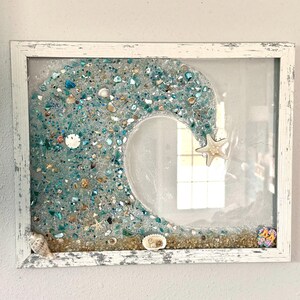 Sea Shell Wave Resin Art: Framed Beach Decor with Surfboard, Coastal wall decor, Ocean wave resin framed art, Beach Nautical wall decor