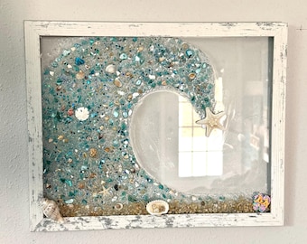 Sea Shell Wave Resin Art: Framed Beach Decor with Surfboard, Coastal wall decor, Ocean wave resin framed art, Beach Nautical wall decor