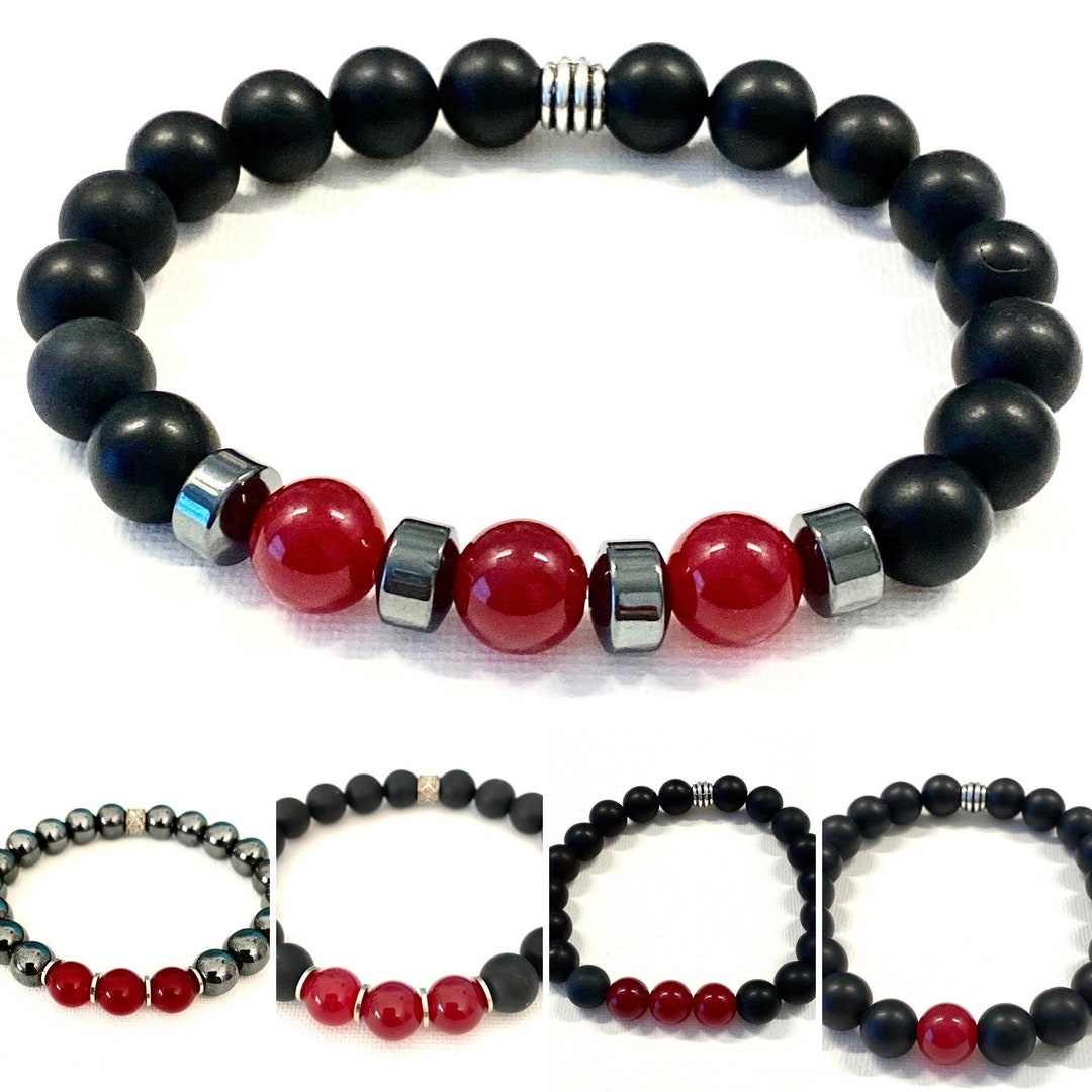 Red Jade, Onyx, Hematite Beaded Bracelet, Thin Red Line Bracelet in