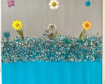 Dried Flower Crushed Glass Art: Glitter Glam Wall Decor, Bling flower wall decor, Flower wall decor, dried flower art