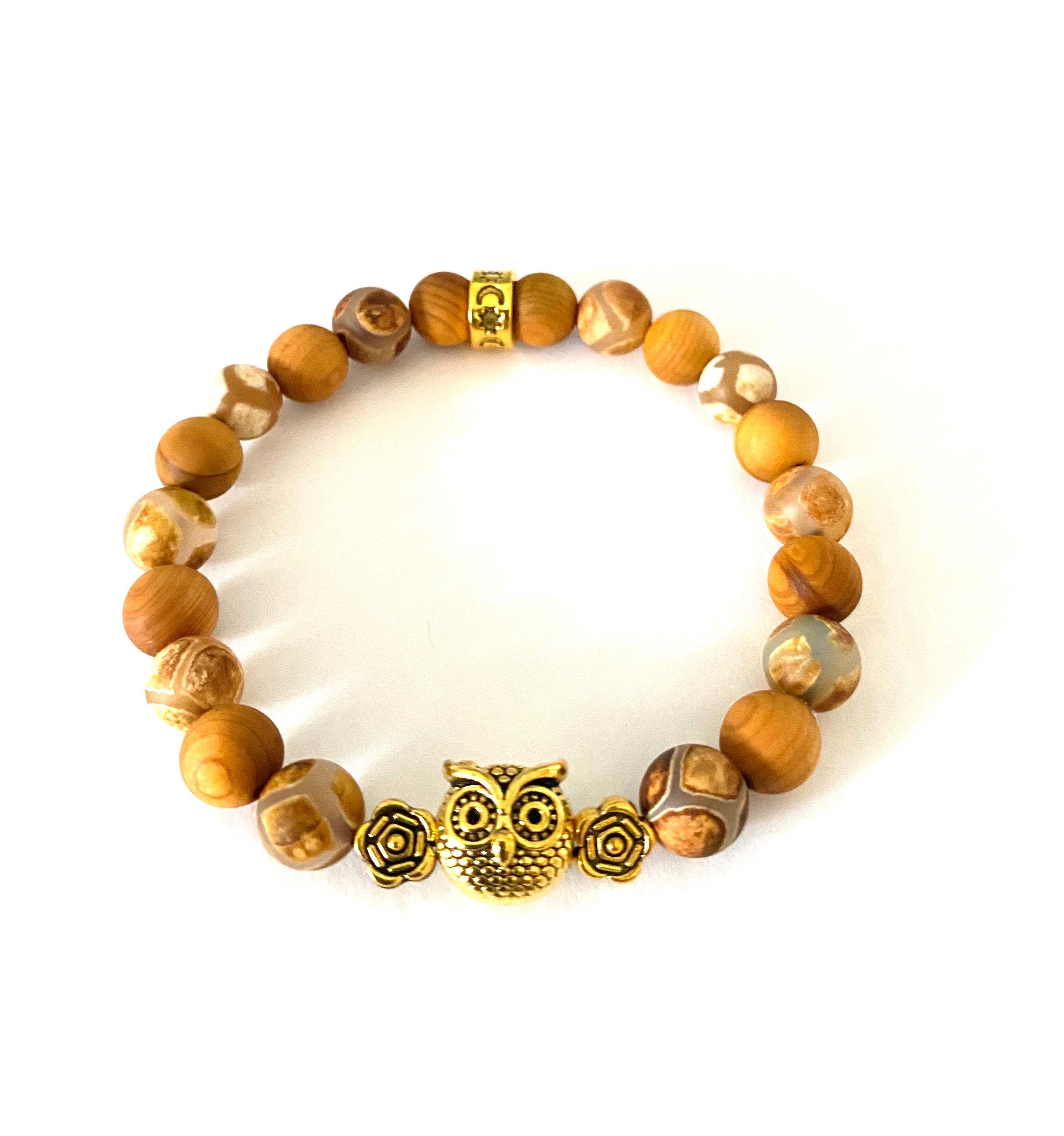 Owl Charm Stretch Bracelet: Agate, Sandalwood, Gold Tone, Owl Jewelry, Owl Bracelets, Semi-precious