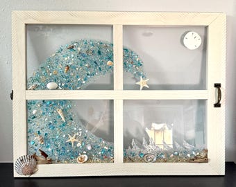 Crashing Wave Resin Window Frame Art: Seashell Beach Decor, Beach tropical ocean wave wall decor, resin shells art, Ocean wave art