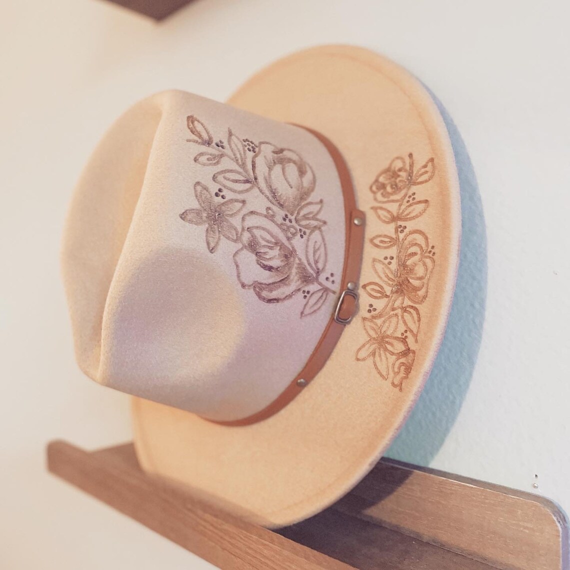 Wide brim hat with burned floral design custom made made Etsy