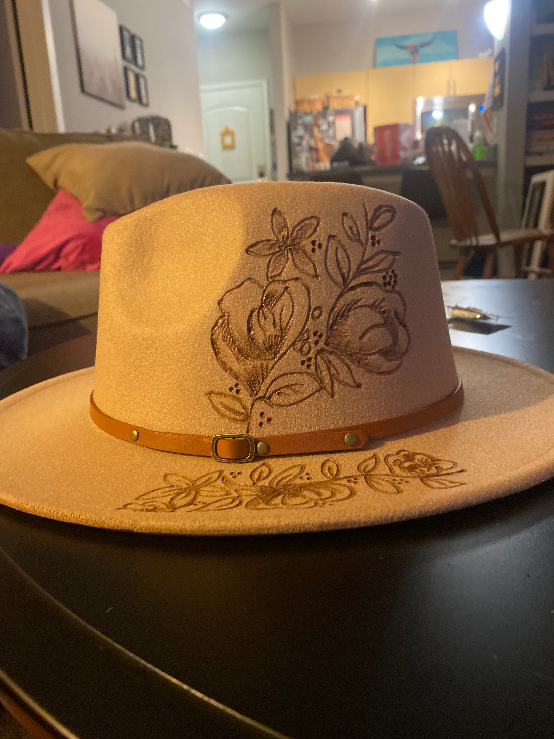 Wide brim hat with burned floral design : custom made made | Etsy