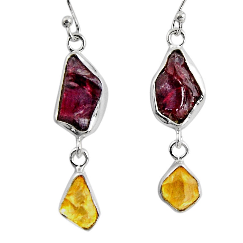 925 silver 15.33cts natural red garnet rough citrine rough earrings
