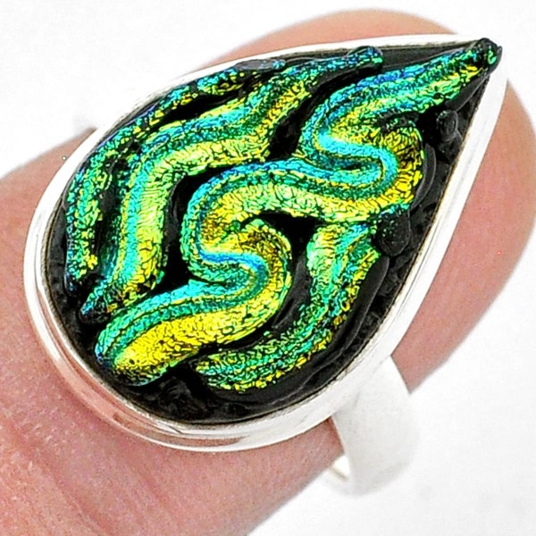 925 Sterling Silver 11.42cts Solitaire Multi-Color Dichroic Glass Ring- Size 7.5