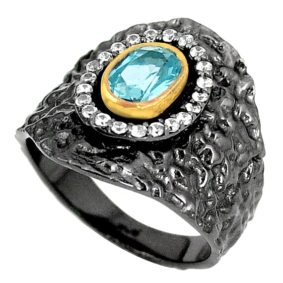 Bague En Argent 925 Avec Deux Topazes Bleues Naturelles - Poids 4,45g (22 CT) - Occasion