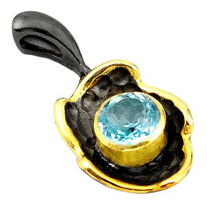 Natural Blue Topaz Black Rhodium 925 Sterling Silver 14k gold Pendant