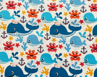 cotton fabric 4445 wide B T Y Sea the Sea WHALE TOSS in Blue by Spring Creative