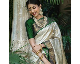 off white saree with green border