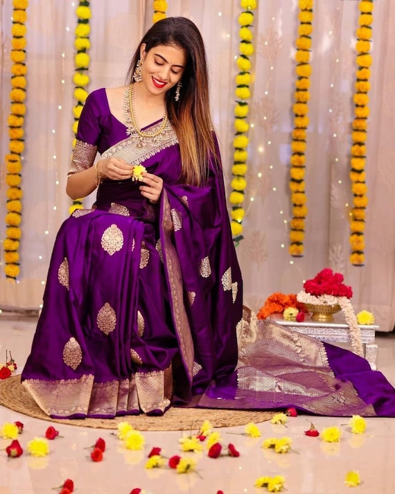 Purple Color Soft Banarasi Silk With Jecqerd Weaving Bollywood Style Party Wear Saree South Indian Saree Beautiful Indian Wedding Saree