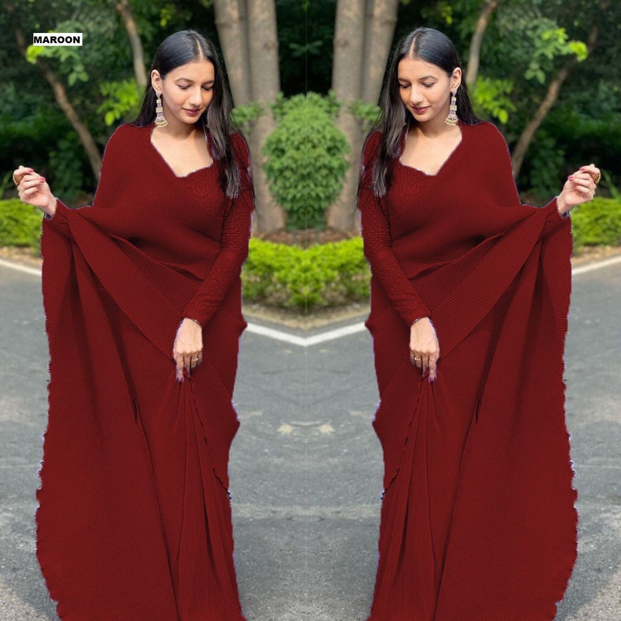 W Red Satin Maroon Maxi Insta Saree Dress with Embroidered Belt - Price  History