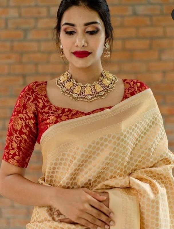 Women's Red Banarasi Satin Silk Saree With Stone Work with Blouse Piece