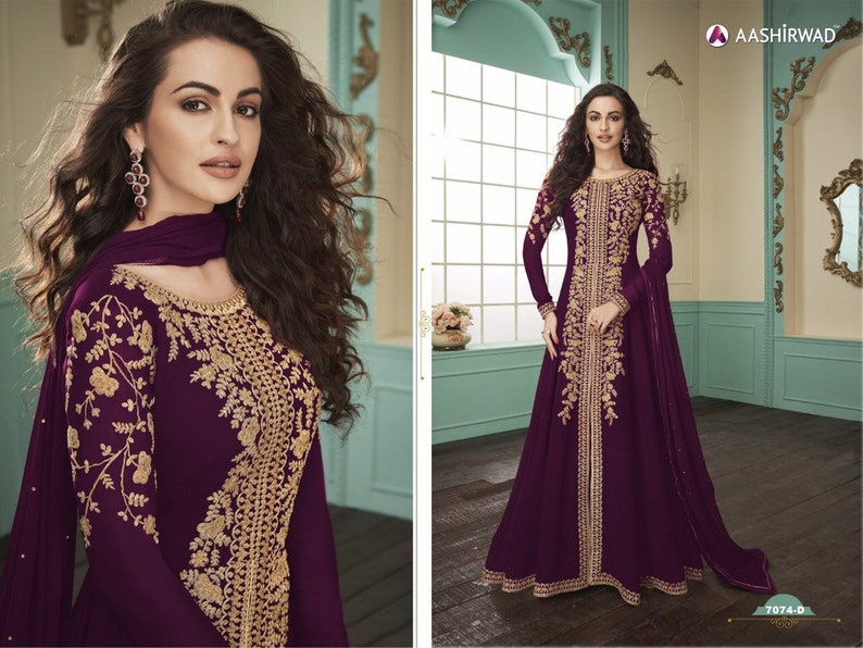 wine colore deaigner party wear long dress embroidery work pakistani style wedding wear gown bollywood style gown
