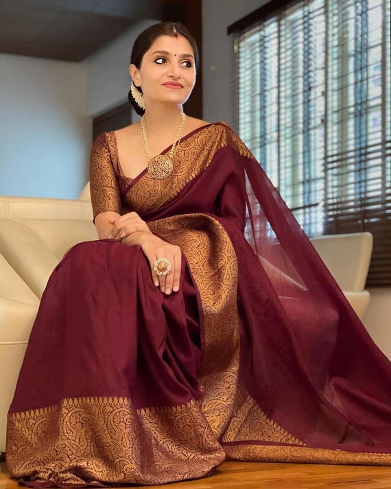 Maroon Color New Design Soft Lichi Silk Design in All Over the Body With  Heavy Jaquard Border Design Full Body With South Indian Saree -  Canada