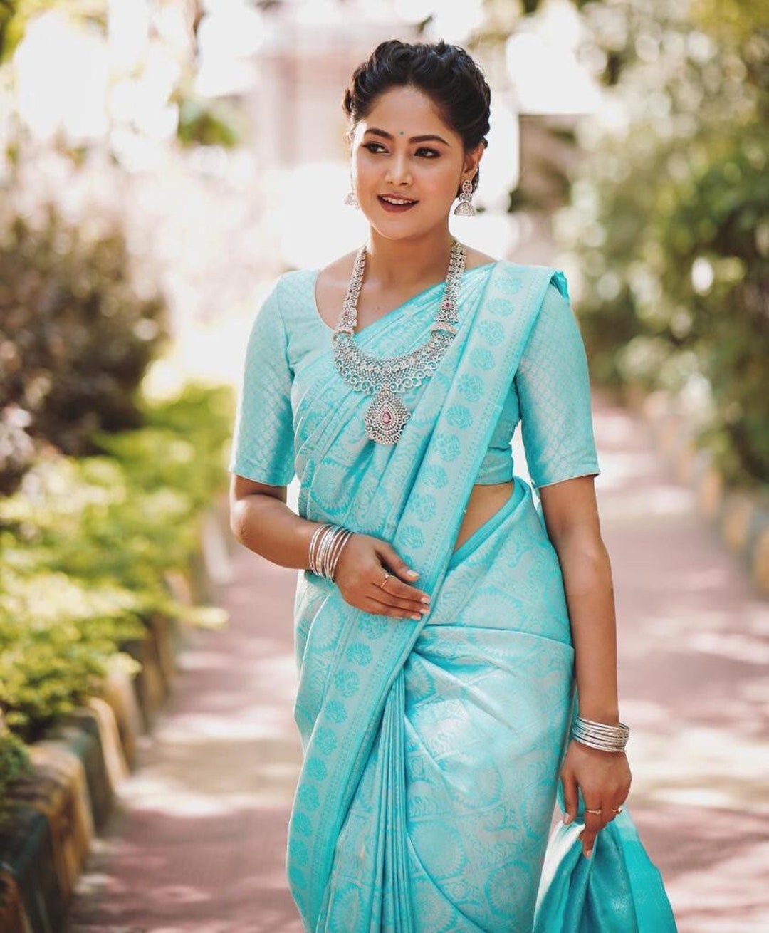 Buy Ravishing Sky-Blue Zari Woven Silk Event Wear Saree From Blouse