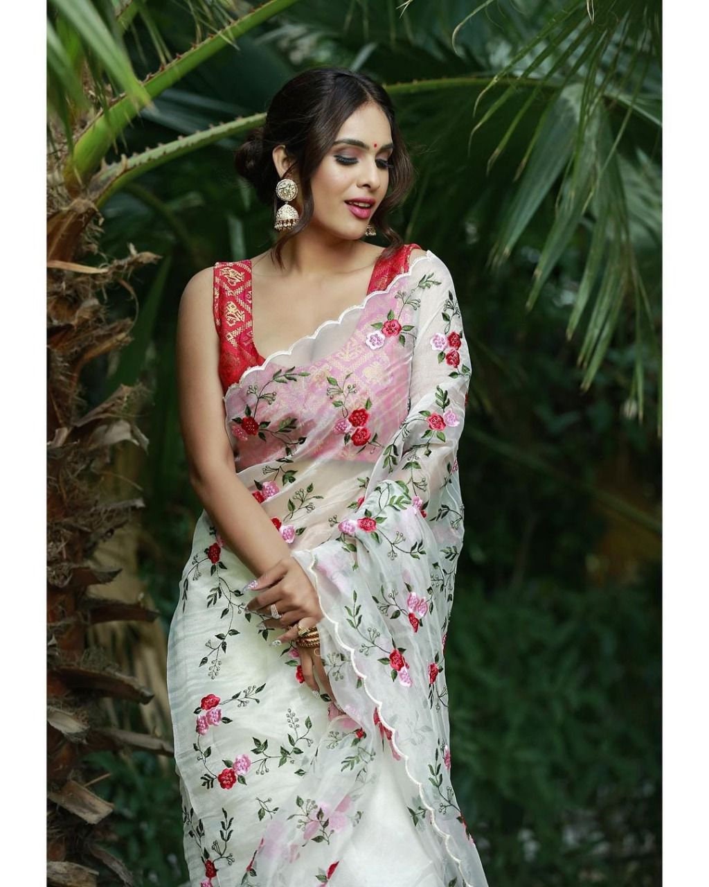 White multicolor floral printed organza saree