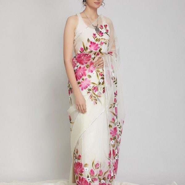 Blanc Colore Designer Organza Soie Saree Avec Digital Imprimé Bollywood Style Party Wear Saree Avec Benglory Blouse En Soie
