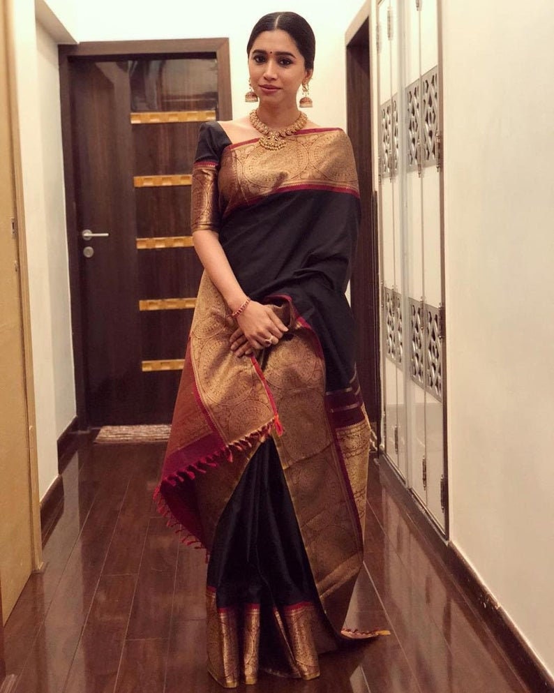 Saree dress black saree designer saree Indian saree wedding saree Pure Kanchipuram silk with weaving work saree and blouse for women