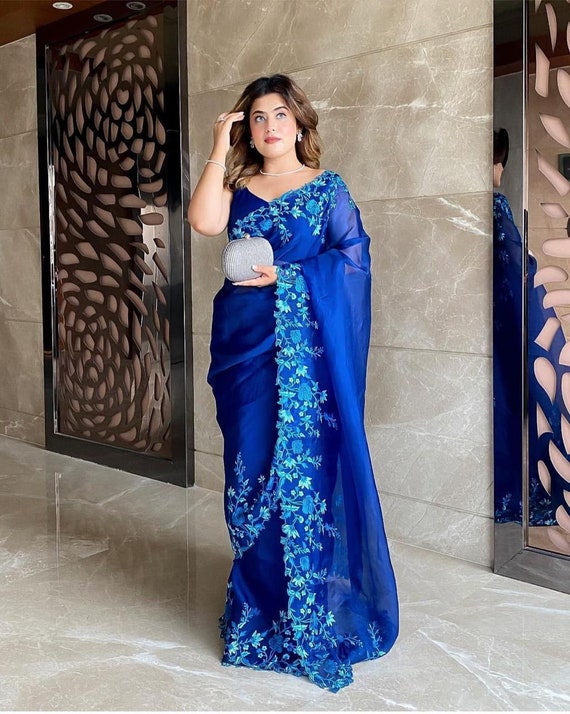 The Gorgeous Royal Blue Saree Looking Absolutely Irresistible as Always  This Pure Orgenza Sarees Are a Stunner in Bright as Pastel Shades 