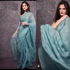 Sky-Blue Color Designer Organza Silk Saree With Digital Printed Bollywood Style Party Wear Saree With Benglory Silk Blouse