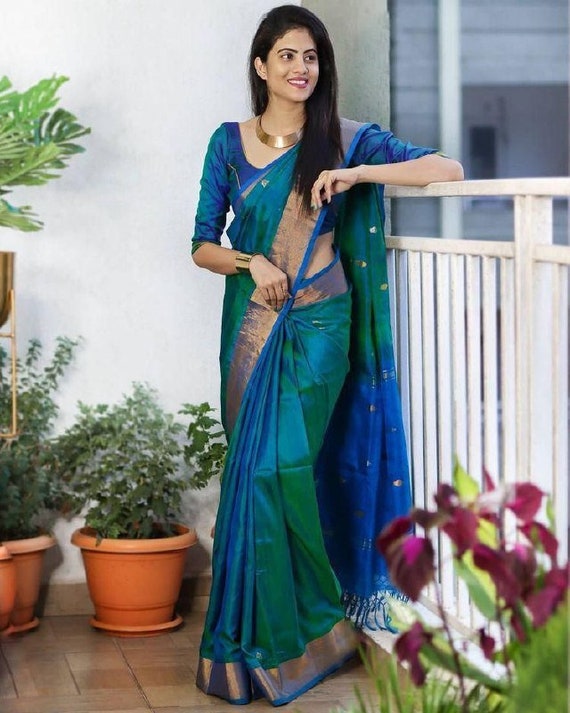Rama Green Color Soft Banarsi Silk Saree Beautiful Art Silk Jacquard Border  Saree With Unstitched Runing Blouse for Women Wedding Wear Saree -   Canada