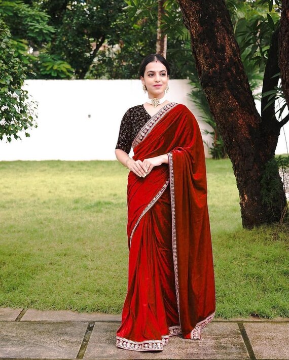 Vishal Prints Dark Red Chiffon Saree With Embroidery Work And Zari Bor