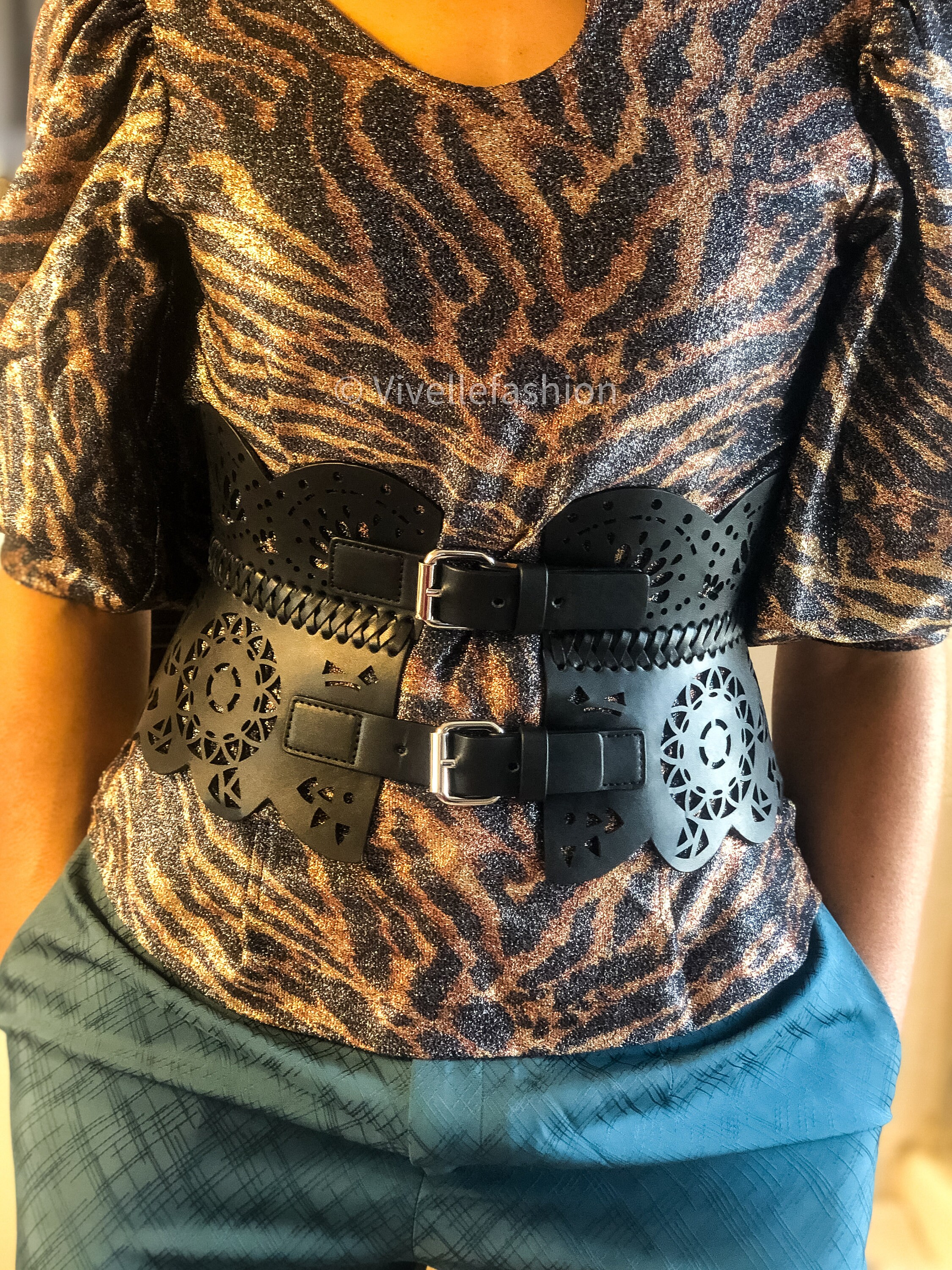 Women wide waist peplum corset statement belt. Laser cut detail. Tan brown corset-peplum belt - LaLaBelt main image 3