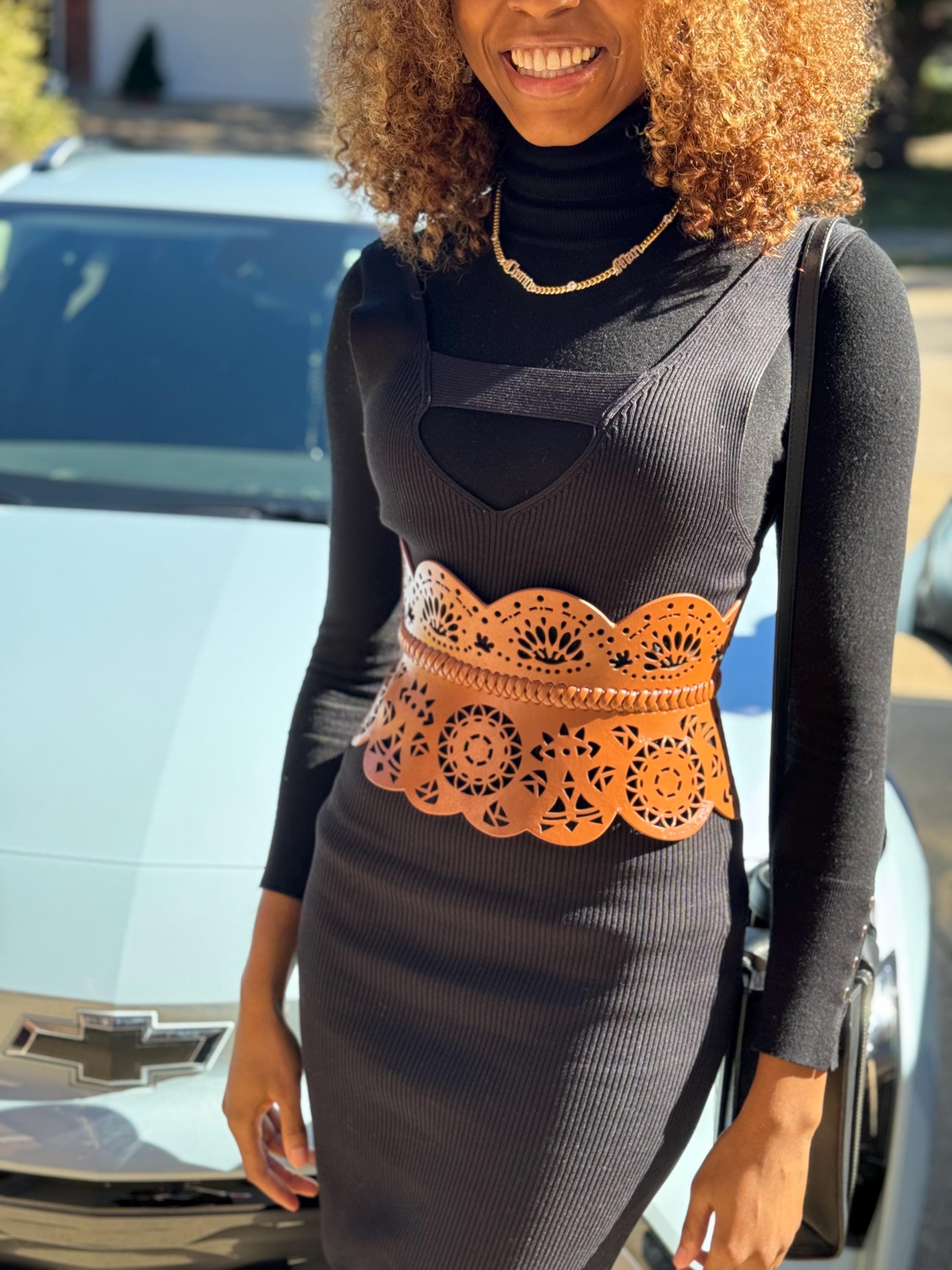 Wide waist corset, Waist cinching peplum statement belt. Laser cut detailing! Womens Waist Cinching Corset Wide Buckle Peplum Statement  main image 2