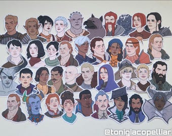 May include: A collection of die-cut stickers featuring various illustrated fantasy character portraits with diverse features, hairstyles, and clothing, arranged in a grid-like pattern, with the text @tonigiacopelliart in the bottom right corner.