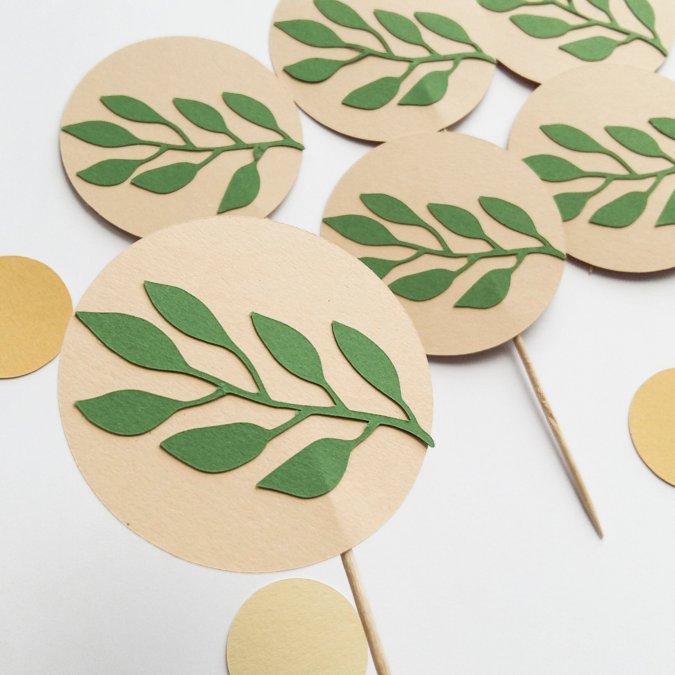 CUPCAKE Topper Muffin Baby Leaf Boho Gold Green Green Greenery Etsy