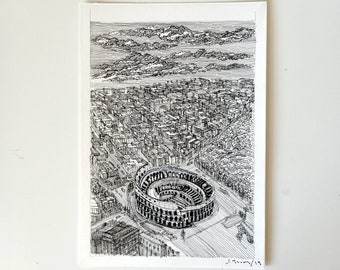Impresión del Coliseo: Boceto a tinta del paisaje urbano de Roma, arte arquitectónico (A4)