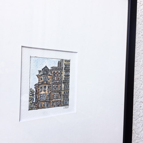 Framed Original colorful houses drawing /Travel Gift, Urban shops Architecture