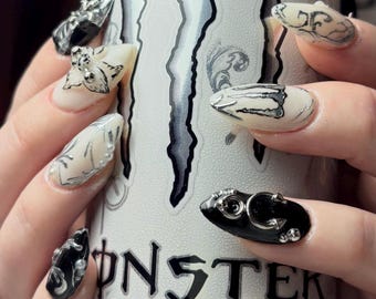 Black & White Gothic 3D Press On Nails | Chrome, Charms  Hand Painted Art | Almond Shape | Alternative, Grunge, Y2K Nail Set | Reusable