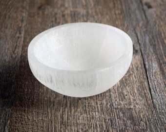 Selenite charging bowl, cleansing bowl, 3" diameter, large selenite bowl, charge your tumbles crystals and jewelry without them rolling away