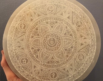 HUGE Selenite Charging Plate, etched chakra mandala, largest produced, 8" high quality Moroccan selenite, Charge your jewelry crystals E4400