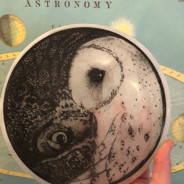 8" Selenite Charging Plate, Yin yang owl, Tao  Spirit Animal Etched Selenite Plate, Hand Painted, Charge your crystals in style!