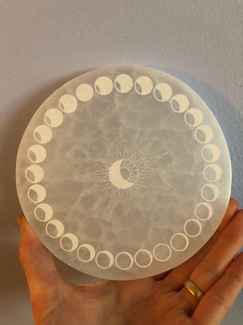 HUGE Selenite Charging Plate Etched Moon Phaseslargest Etsy